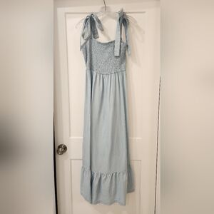&Denim Brand Smocked Chambray Blue Smocked Tie Shoulders Maxi Dress